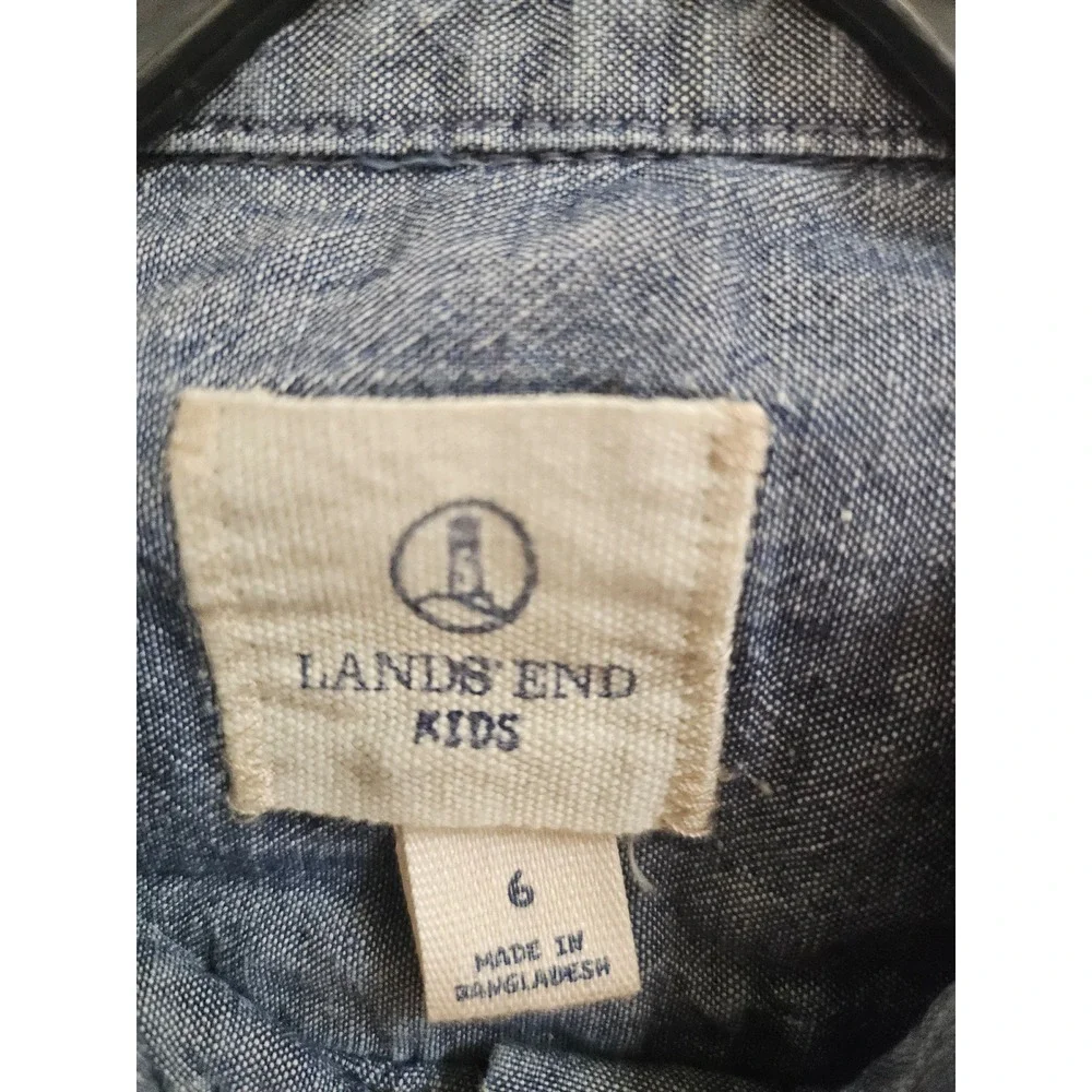 Lands End Kids Blue Chambray Peter Pan Collar Button Down Shirt Girl 1117 sz 6